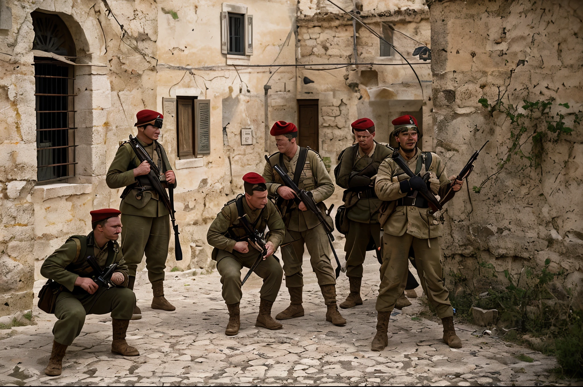 Epic battle in sassi_di_matera, soldiers in the streets of Matera. High details.