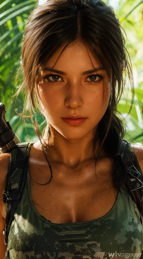Lara Croft, brown eyes, (best quality, ultra-detailed), (realistic:1.37), beautiful and detailed face, ultra-realistic texture, delicate face, delicate body, red lipstick, bright colors. high definition, 8K,