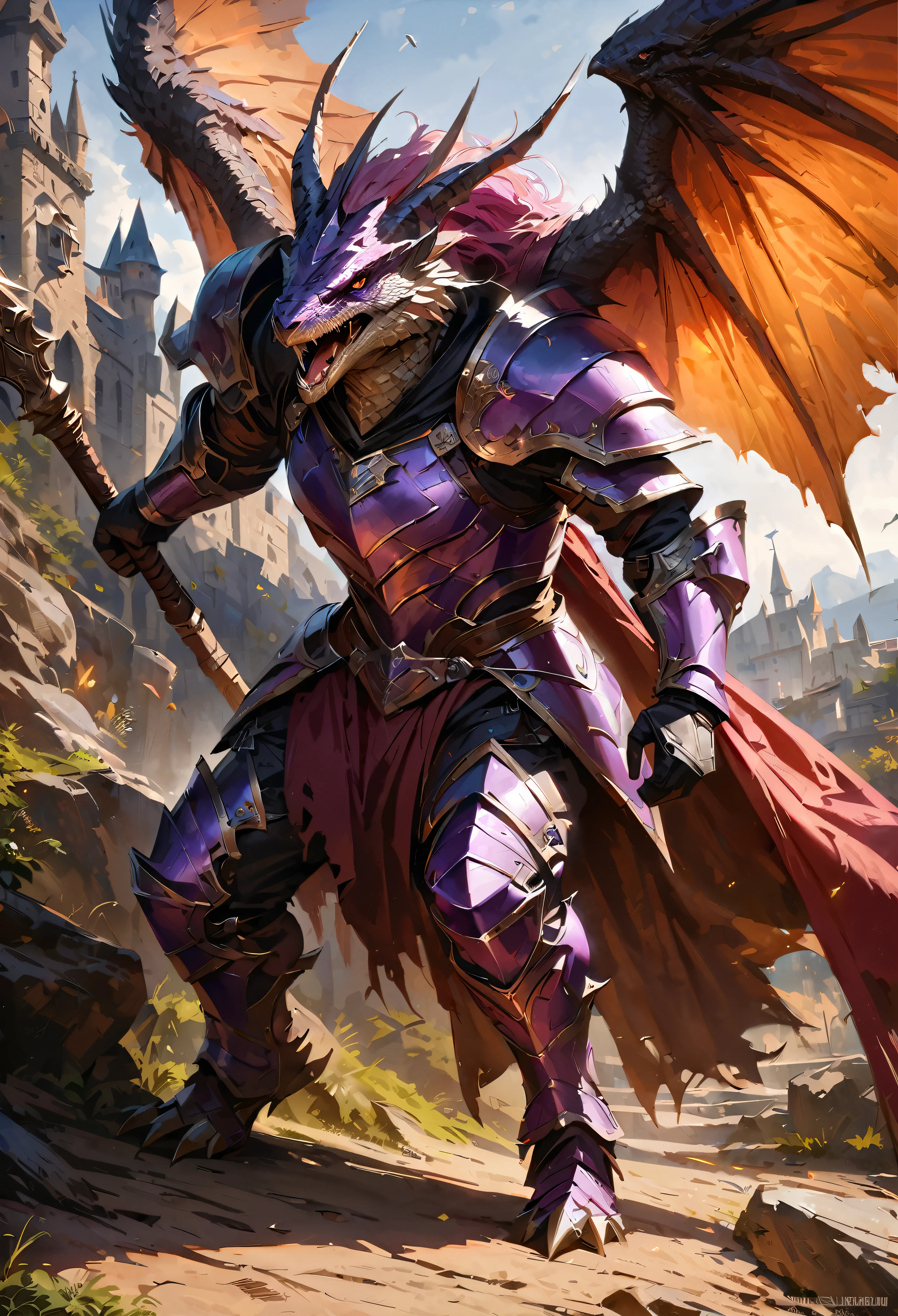 DnD character art, dragon lizard, wings, purple color, armor, fantasy, intricate details, highly detailed, digital painting, cinematic lighting, epic fantasy, ornate armor, medieval, dramatic pose, fierce expression, powerful, majestic, dynamic, (best quality,4k,8k,highres,masterpiece:1.2),ultra-detailed,(realistic,photorealistic,photo-realistic:1.37)