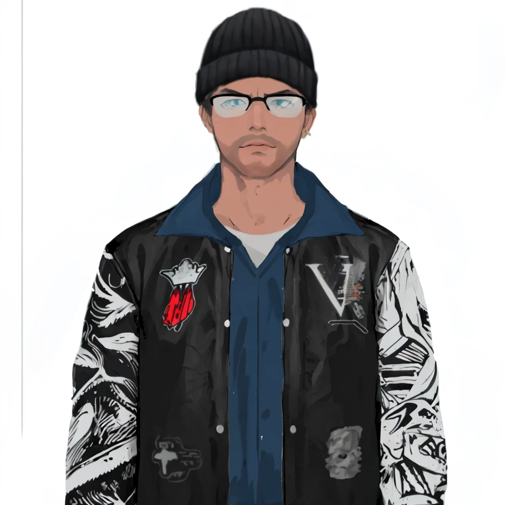 (masterpiece:1.2, best quality), (1men, solo, upper body:1.2),flat face,Hair: buzz cut,Clothing: oversized, distressed denim jacket with patches and pins, paired with black skinny jeans and combat boots, Hanging out in an underground music venue or street art exhibit
