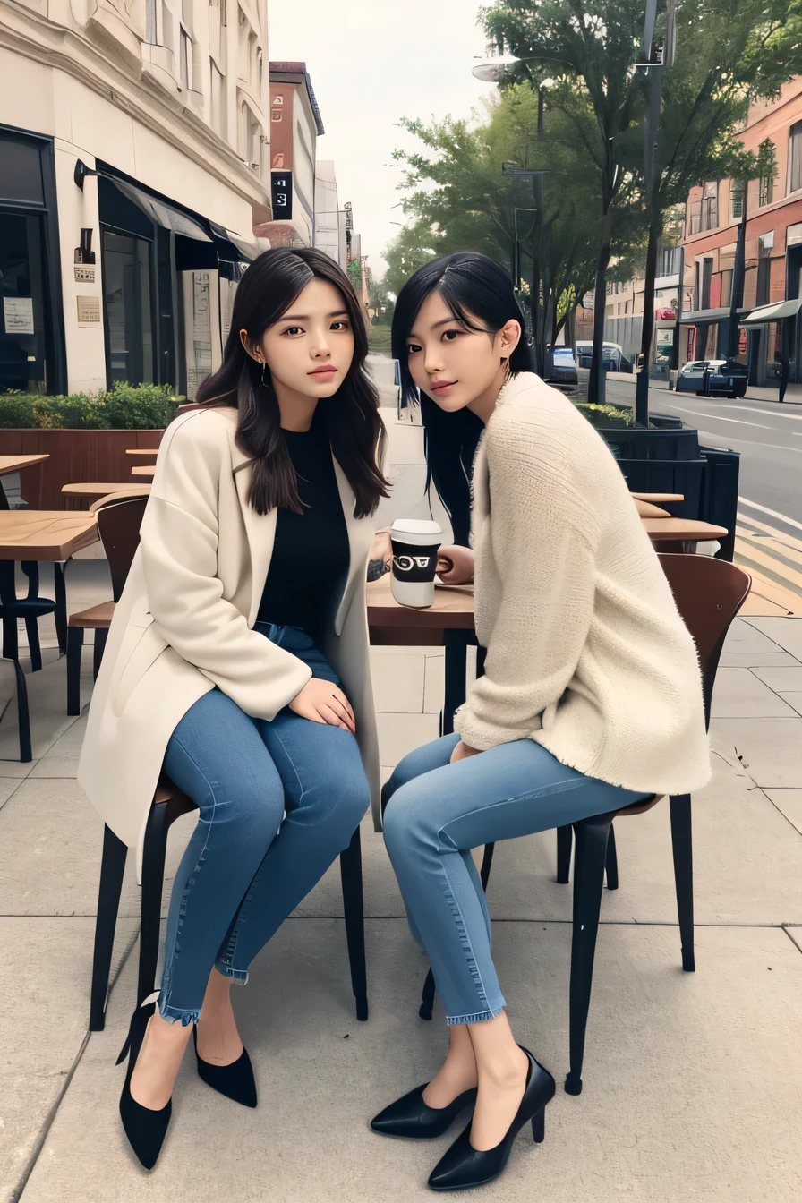 high quality,16K:1.1),(, Two women sitting on chairs in a coffee shop）sit facing each other across a desk、We are chatting、（Full Body Shot:1.2),Black Hair、Short Haircut、ear piercing、smile、Beautiful teeth alignment、((coat、sweater、Skinny jeans、、pumps)), ,(View your audience:1.3),Coffee shop in the background
