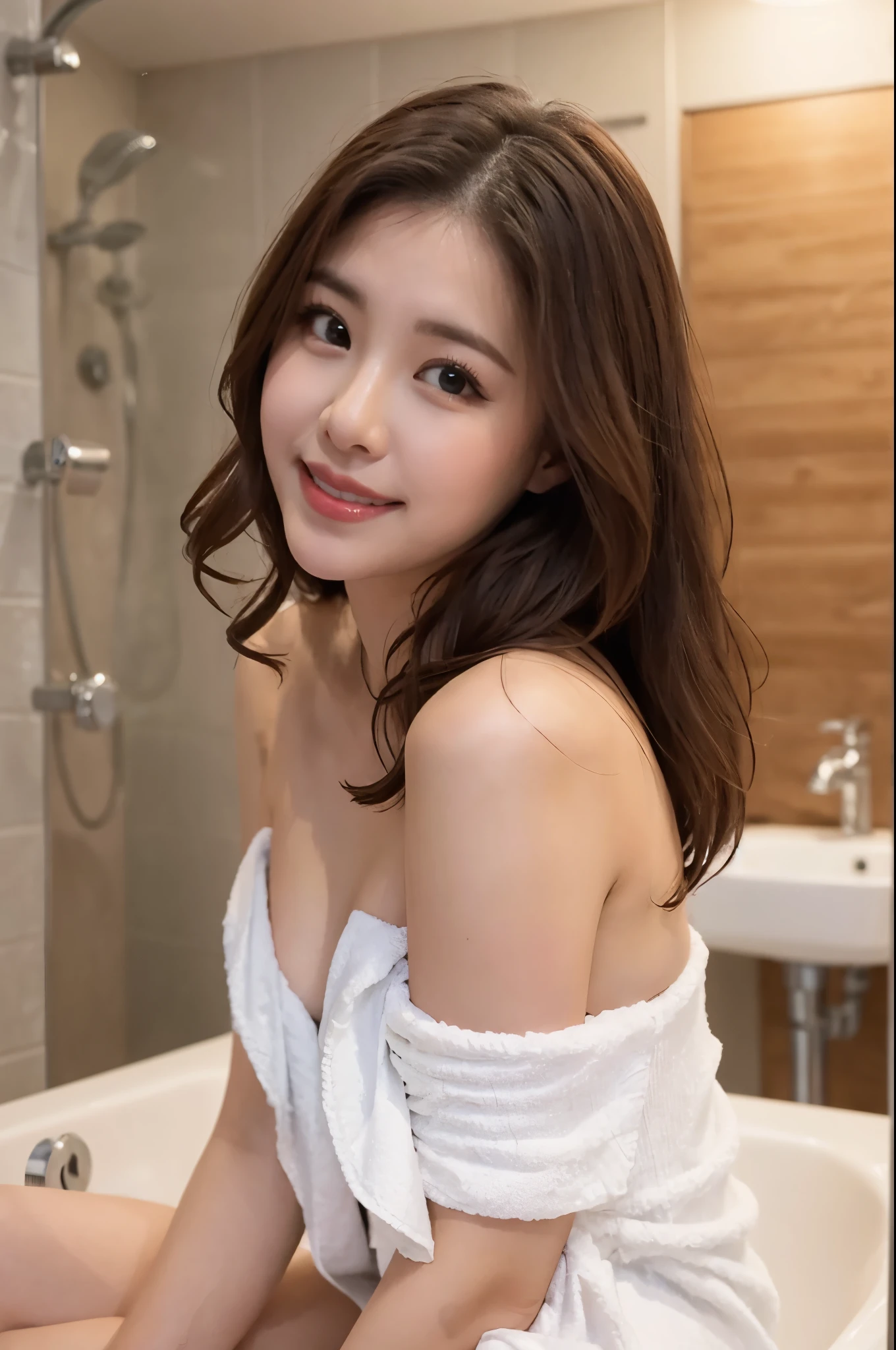 ulzzang-6500-v1.1,  (RAW Photos:1.2), (Photorealistic), (Genuine:1.4), (masterpiece),(Very realistic, High resolution, Detailed face, Beautiful Eyes), Thin woman, 40 years old, Cute face, Looking at the audience, (A very loving smile:1.2)、Mr.々Popular hairstyles, Slim figure, Small breasts, Very small waist, Sitting on the bed, Wrapped in a bath towel、