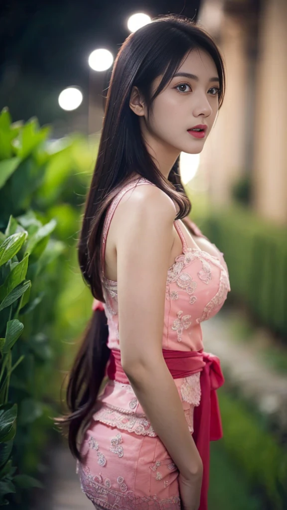 8k, best quality, Medium close-up, (pink kebaya )、(luxury kebaya ),(top-quality,​masterpiece:1.3,超A high resolution,),(ultra-detailliert,Caustics),(Photorealsitic:1.4,RAW shooting,)Ultra-realistic capture,A highly detailed,high-definition16Kfor human skin, Cute and lovely Korean girl, realistic, ultra detail, photo realistic, Increase quality, standing in a garden with a scarf, garden, (large breast), (cleavage ), close-up shot, mouth,dark-haired, pink neon fringe hair, (depth of fields、chromatic abberation、Wide range of lighting、Natural Shading、)、(Exterior light at night:1.4)、(Hair swaying in the wind:1.2).