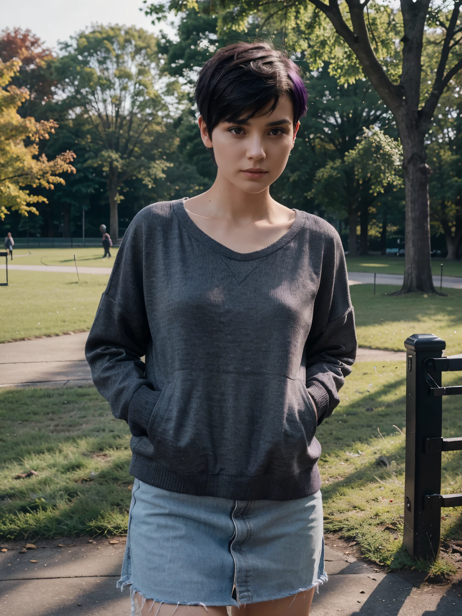 8k, RAW photo, best quality, ultra high resolution, photorealistic, slim girl with black purple short undercut haircut, in a park, warm clothes,