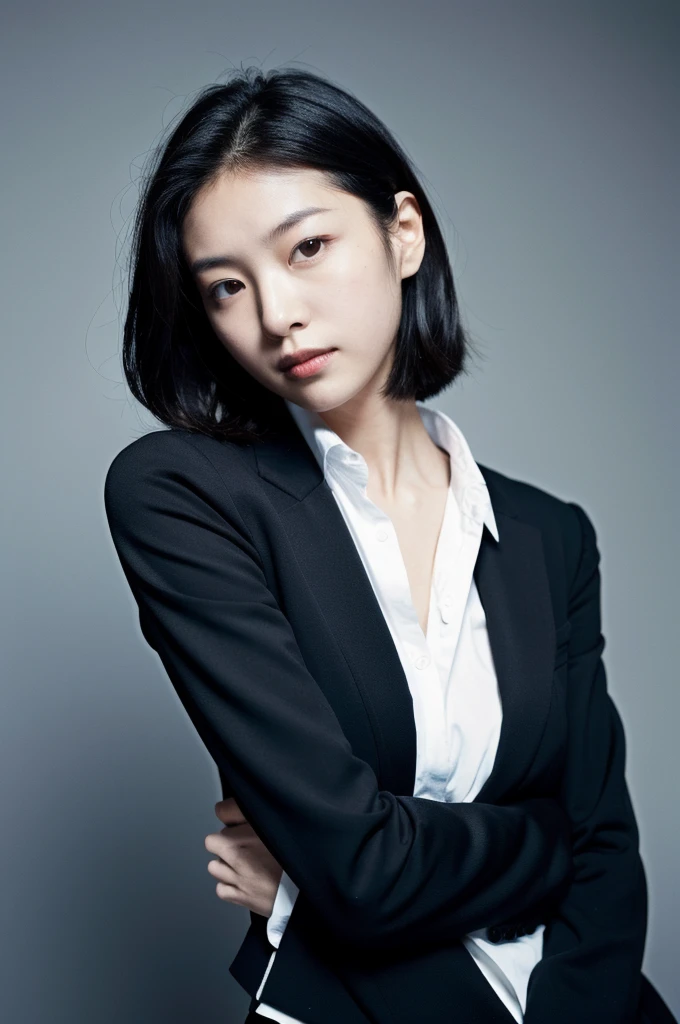 Woman in a dark suit, high resolution, Japanese, Photographed in natural light, Black Hair, White wall, natural tpose, Genuine, looking at the camera