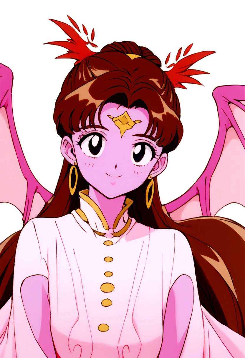 Youma body,. pink skin, black eyes, wings on forehead, brown hair, 1980's hairstyle, looking at viewer smiling