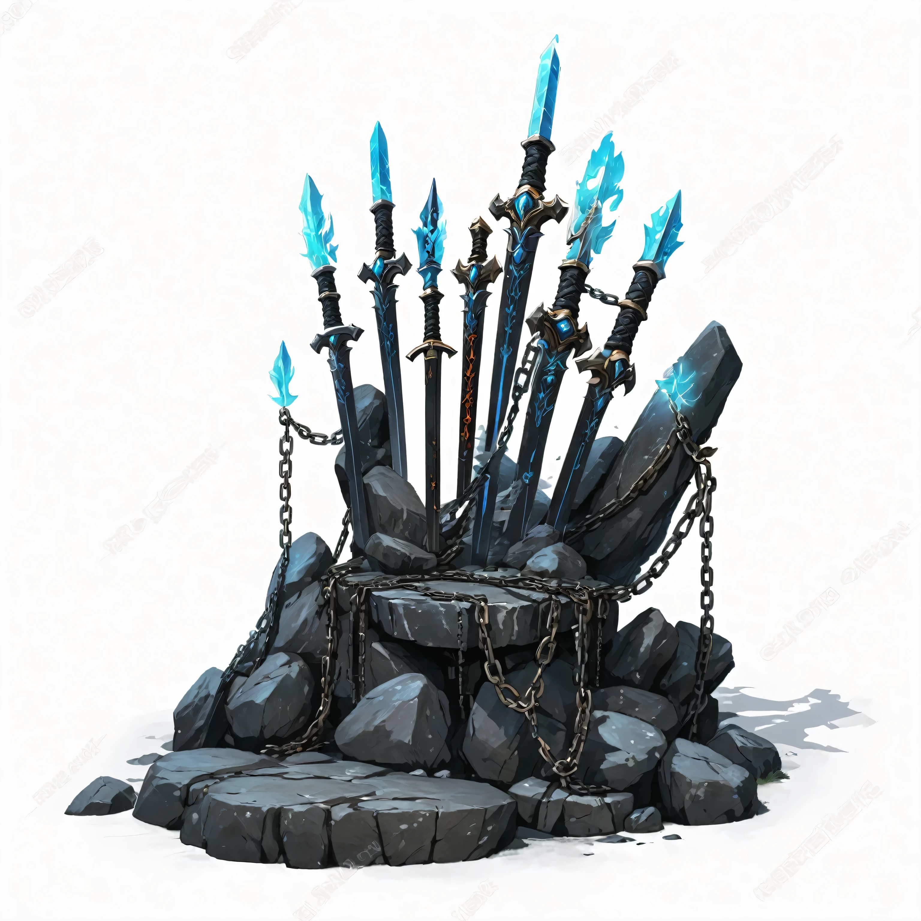 There are many swords on the rock，There are chains around it, 2.5d Hand Painted Game Object,Hand Painted，Game assets