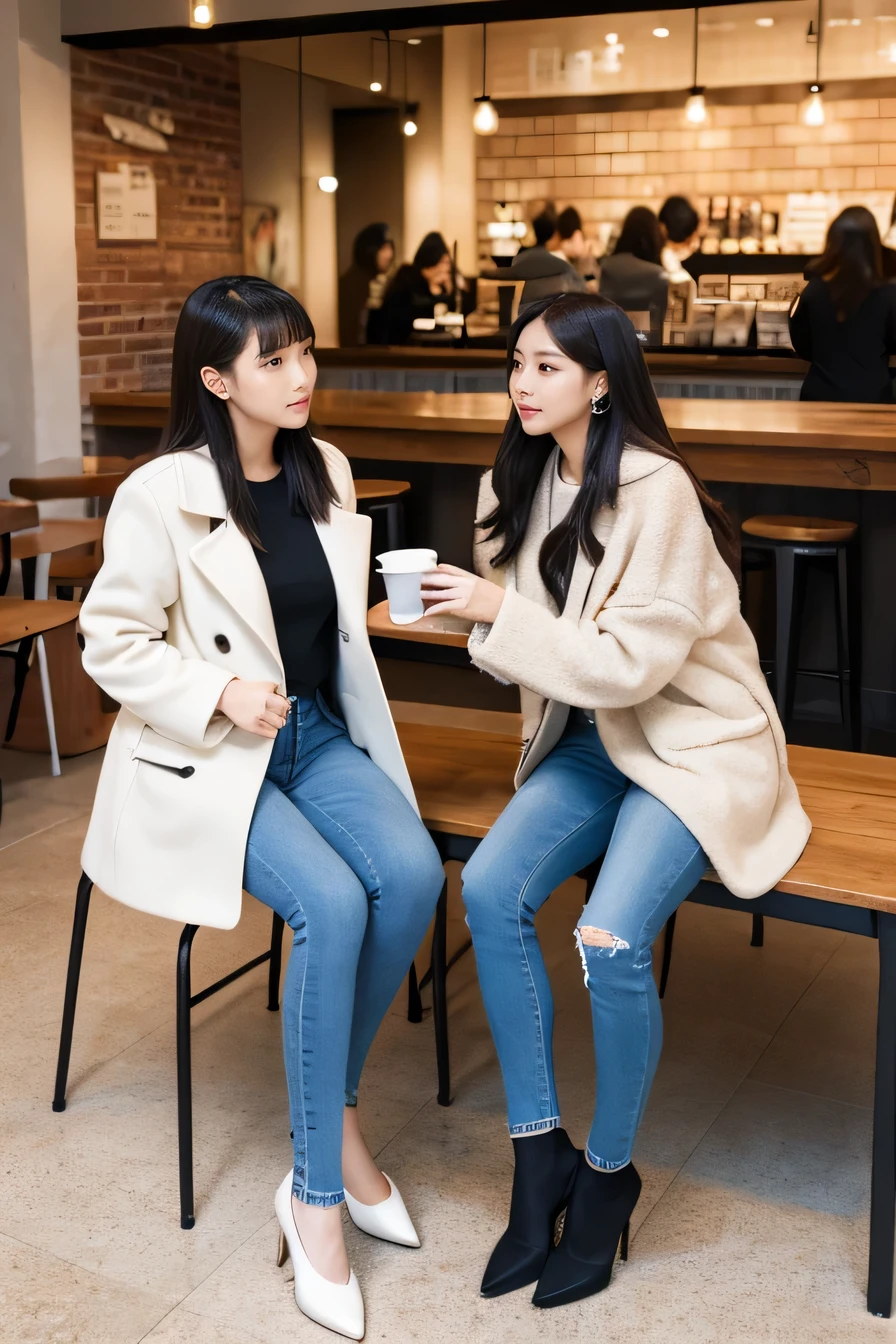 high quality,16K:1.1),(, Two women sitting on chairs in a coffee shop）sit facing each other across a desk、We are chatting、（Full Body Shot:1.2),Black Hair、Short Haircut、ear piercing、smile、Beautiful teeth alignment、((coat、sweater、Skinny jeans、、pumps)), ,(View your audience:1.3),Coffee shop in the background
