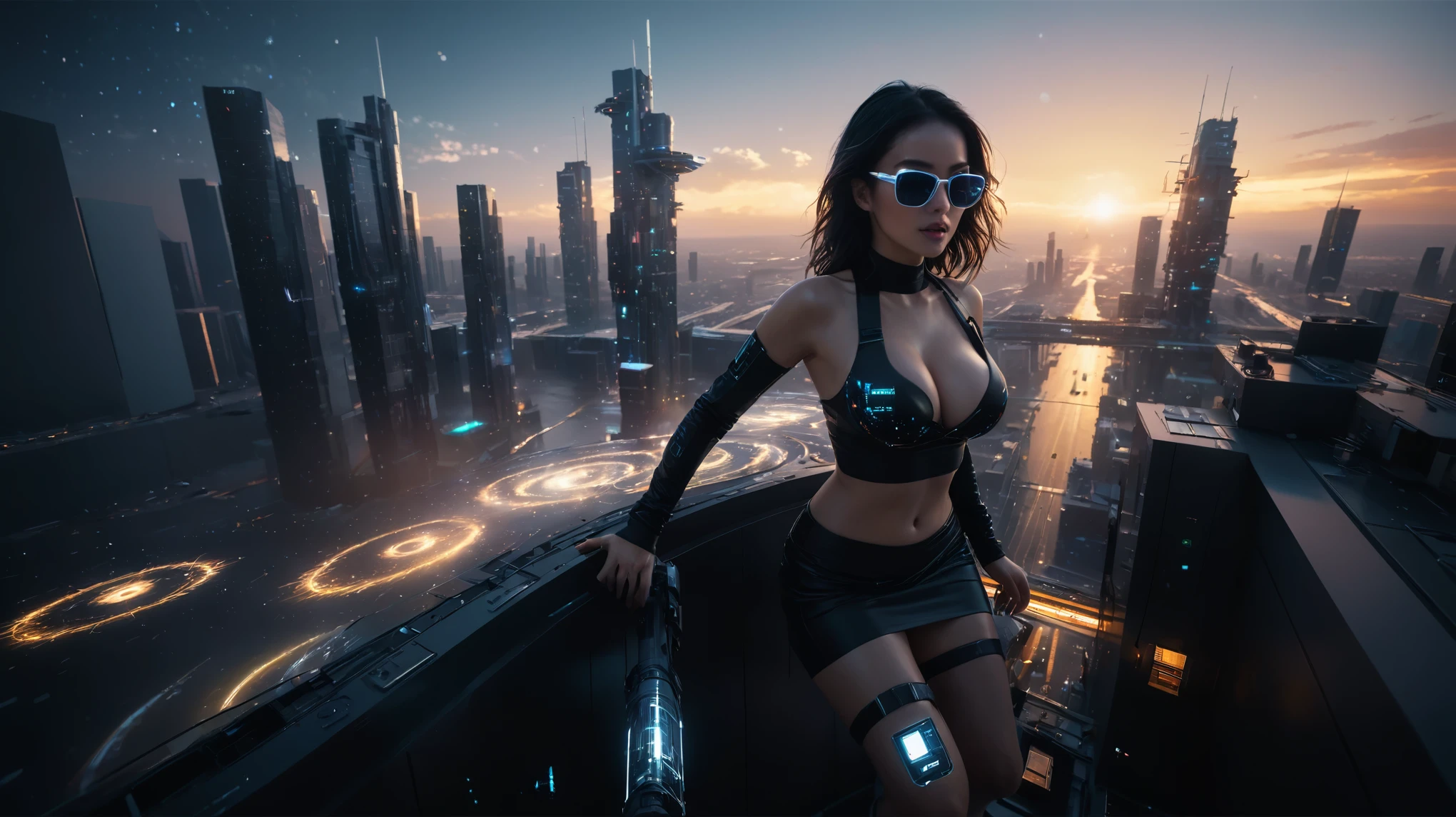 Aerial view, brightly colored abstract image of a space station with a spiral, chaotic cinematic space rift, Greg Beeple, planets colliding, end of the universe, galaxy space sci-fi, ringworld, by Mike "Beeple" Winkelmann. Matrix style, Matrix cascading code, (((OLED GUI interfaces in the building))), the windows are filled with transparent data visualization infographics that show it all, from weather patterns to traffic flow, Matrix cascading code. At night, (1girl, solo), photo realistic, (large-breast:1.2 slim body, cleavage), off neck tube top, miniskirt, (matrix style black sunglasses), ((aiming with a short gun)), (half-body thigh level medium shot), cinematic lighting.