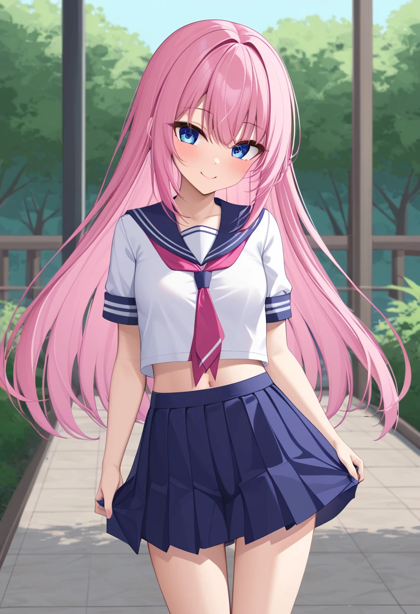 (masterpiece, top quality, very aesthetic, 4k、), intricate detail, 1girl,stand、(cowboy shot:1.4)、front view,light smile、
Cute 、pink hair、straight hair,middle hair,sidelock ,,blue eyes、serafuku、small breasts,Slim 、
