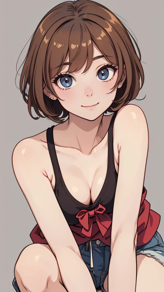 (((masterpiece, best quality, ultra highres, 1 girl, solo, no background))), super detailed skin and face and eyes and finger, beautiful japanese woman, small breasts:1.5, skinny, light brown hair, white background, very short pixie hair, Knee shot, Generate with illustrations, Various expressions, Various poses, Please draw the entire character within the frame, ensuring that the head, arms, and legs are not cut off. The background should be simple, with the character positioned centrally, outline, anime, 2d, laugh, boyish, camisole, shorts,