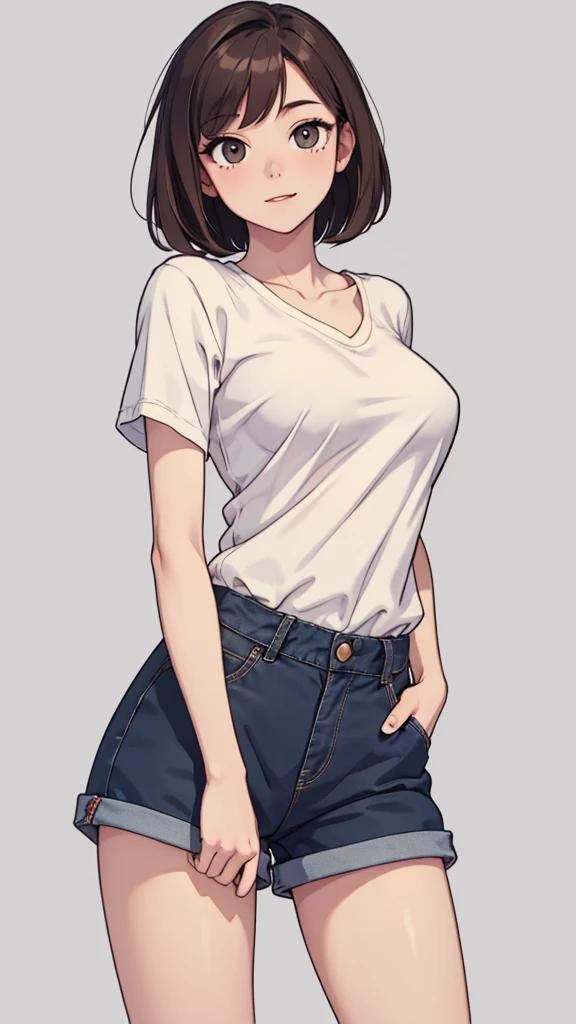 (((masterpiece, best quality, ultra highres, 1 girl, solo, no background))), super detailed skin and face and eyes and finger, beautiful japanese woman, small breasts:1.5, skinny, light brown hair, white background, very short pixie hair, Knee shot, Generate with illustrations, Various expressions, Various poses, Please draw the entire character within the frame, ensuring that the head, arms, and legs are not cut off. The background should be simple, with the character positioned centrally, outline, anime, 2d, laugh, boyish, camisole, shorts,