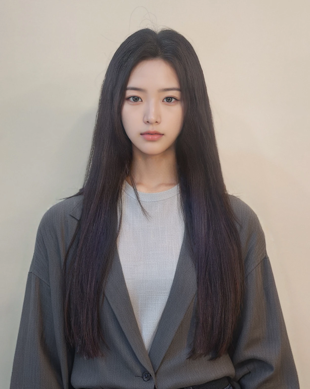 Best Quality, 8k, Masterpiece, (Portrait: 1.3), (photo realistic:1.4), (hyper realistic:1.4), Sharp Focus, looking at viewer, (smoother lighting:1.1), (increase cinematic lighting quality:0.9), realistic lighting, backlighting, light on face, ray trace, (brightening light:1.2), (Increase quality:1.4), sharp detail, (best quality real texture skin:1.4), finely detailed eyes, black_eyes, finely detailed face, 25 year old Korean woman, (gray prilled_shirt :1.4), (Create an image maintaining the original base model hairstyle:1.5)