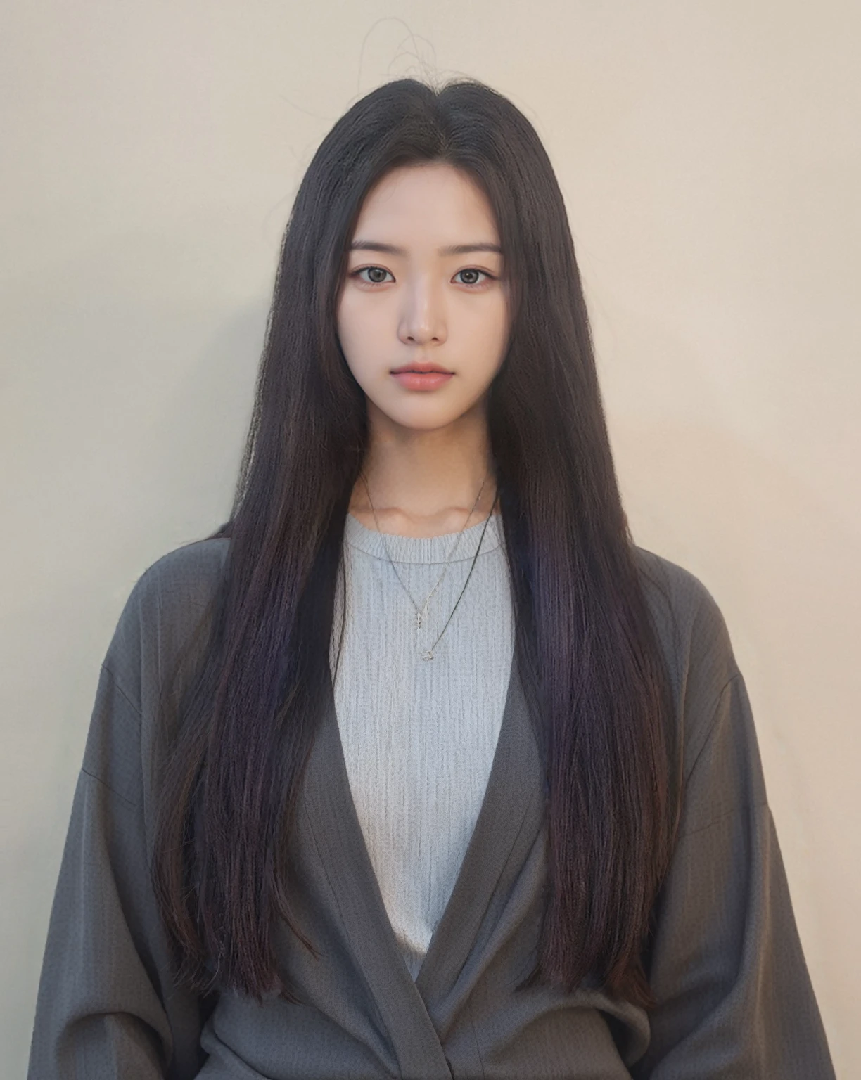 Best Quality, 8k, Masterpiece, (Portrait: 1.3), (photo realistic:1.4), (hyper realistic:1.4), Sharp Focus, looking at viewer, (smoother lighting:1.1), (increase cinematic lighting quality:0.9), realistic lighting, backlighting, light on face, ray trace, (brightening light:1.2), (Increase quality:1.4), sharp detail, (best quality real texture skin:1.4), finely detailed eyes, black_eyes, finely detailed face, 25 year old Korean woman, (gray prilled_shirt :1.4), (Create an image maintaining the original base model hairstyle:1.5)