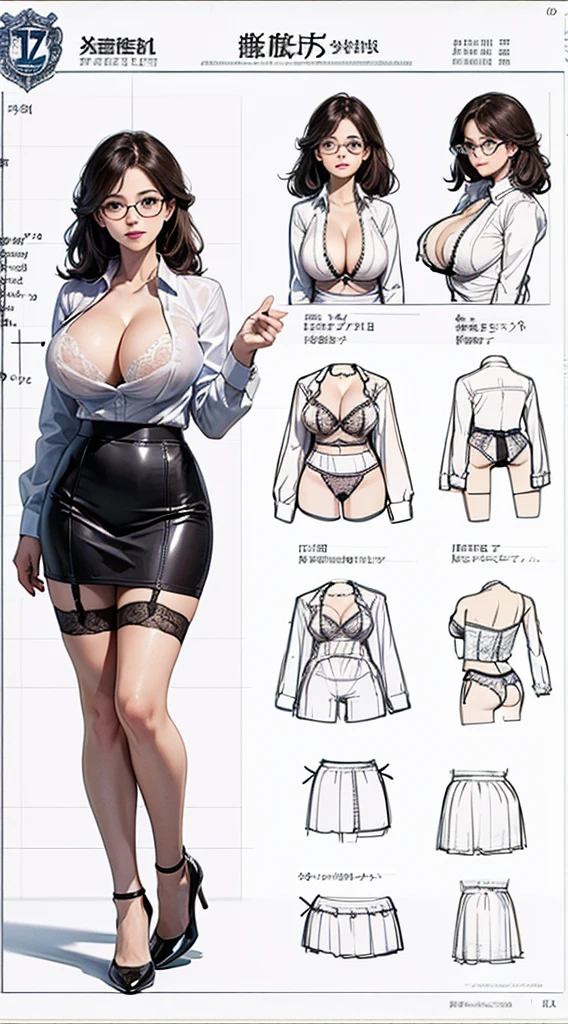 girl, alone, whole body, From head to toe, Are standing, (Huge Saggy Tits:1.3),

Character design sheet, Character Reference Sheet, 設計図のSchematic, Drafting, Blueprint, Schematic,
((Character design sheet:1.7, Character Reference Sheet:1.7,)),

anime/cartoon character wearing a girls , 1girl, alone, ,Mature Woman,Cleavage,Long sleeve,Collared shirt,White shirt,,(Tight Skirt),((garter belt)),(High heels),Skirt Suit,mini skirt,office lady,Long Hair, bow, ,  (Very short skirt:1.4), (lingerie:1.5),secretary,Thin glasses, In underwear:1.5,nsfw