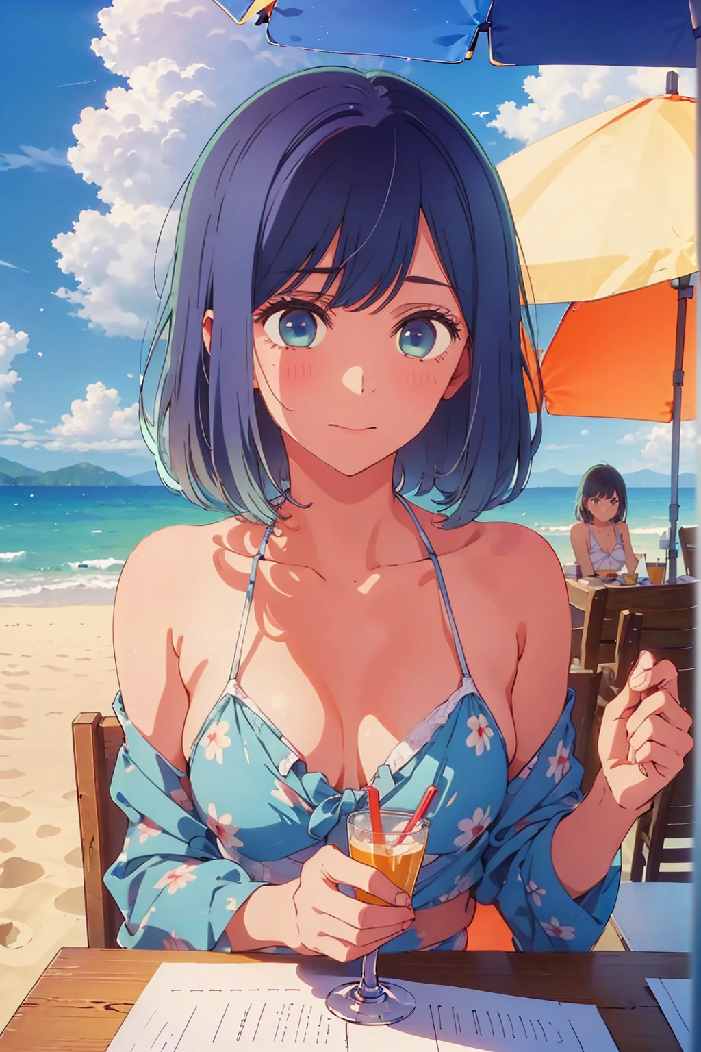 (Highest quality:1.4、masterpiece:1.4、Super detailed:1.4、8K:1.4)、((((1 person、Surprised expression、sit、Outdoor café terrace、coastal、juice、table、Sandy Beach、juiceのグラスを持つ、Plain Bikini、The depth of the written world、Very soft boobs、Big eyes、Very cute face))))、F cup bust、Medium breast