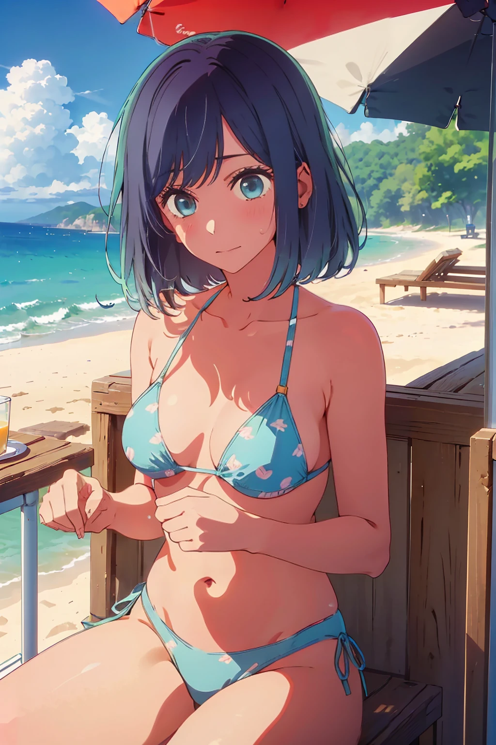 (Highest quality:1.4、masterpiece:1.4、Super detailed:1.4、8K:1.4)、((((1 person、Surprised expression、sit、Outdoor café terrace、coastal、juice、table、Sandy Beach、juiceのグラスを持つ、Plain Bikini、The depth of the written world、Very soft boobs、Big eyes、Very cute face))))、F cup bust、Medium breast