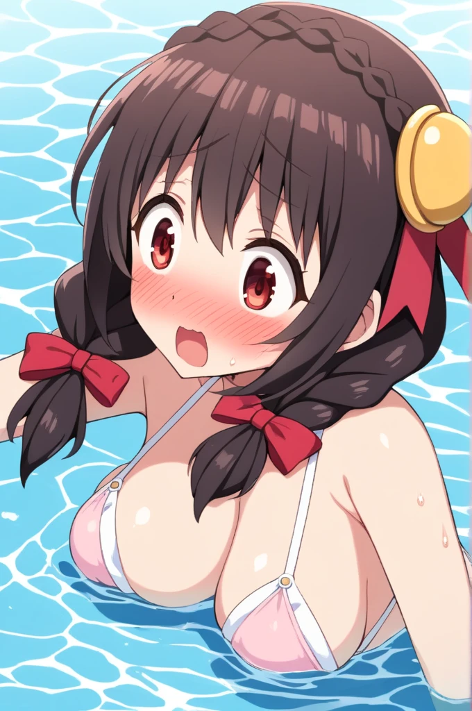 alone, One girl、Crown braids in the same color as your hair, hair ornaments, Hair Ribbon, (White and pink bikini),Red Eyes、Black Hair、(Surprised face:1.2)、(blush:1.4)、C cup breasts、(In the pool water)