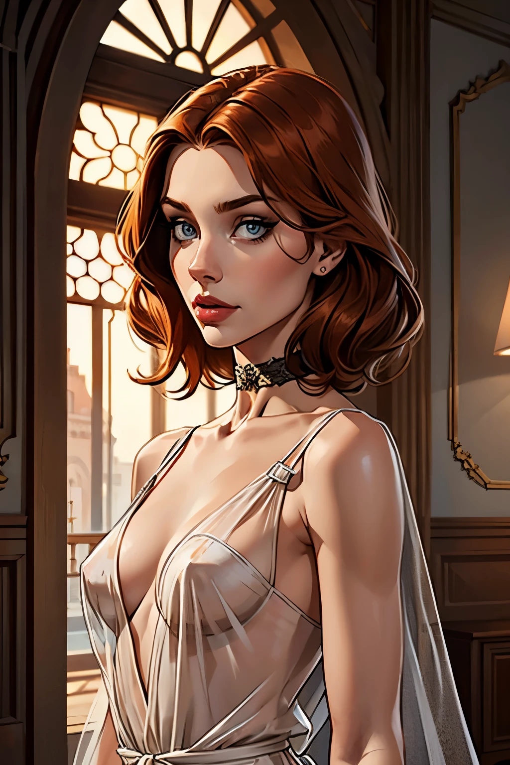best qualityer, work of art, (realisitic: 1.2), 1 girl, slender girl, ginger hair, eyes browns, 3/4 view, face detailed, gorgeous eyes, eyes gray, eyes large, breasts small, choker, see through gown