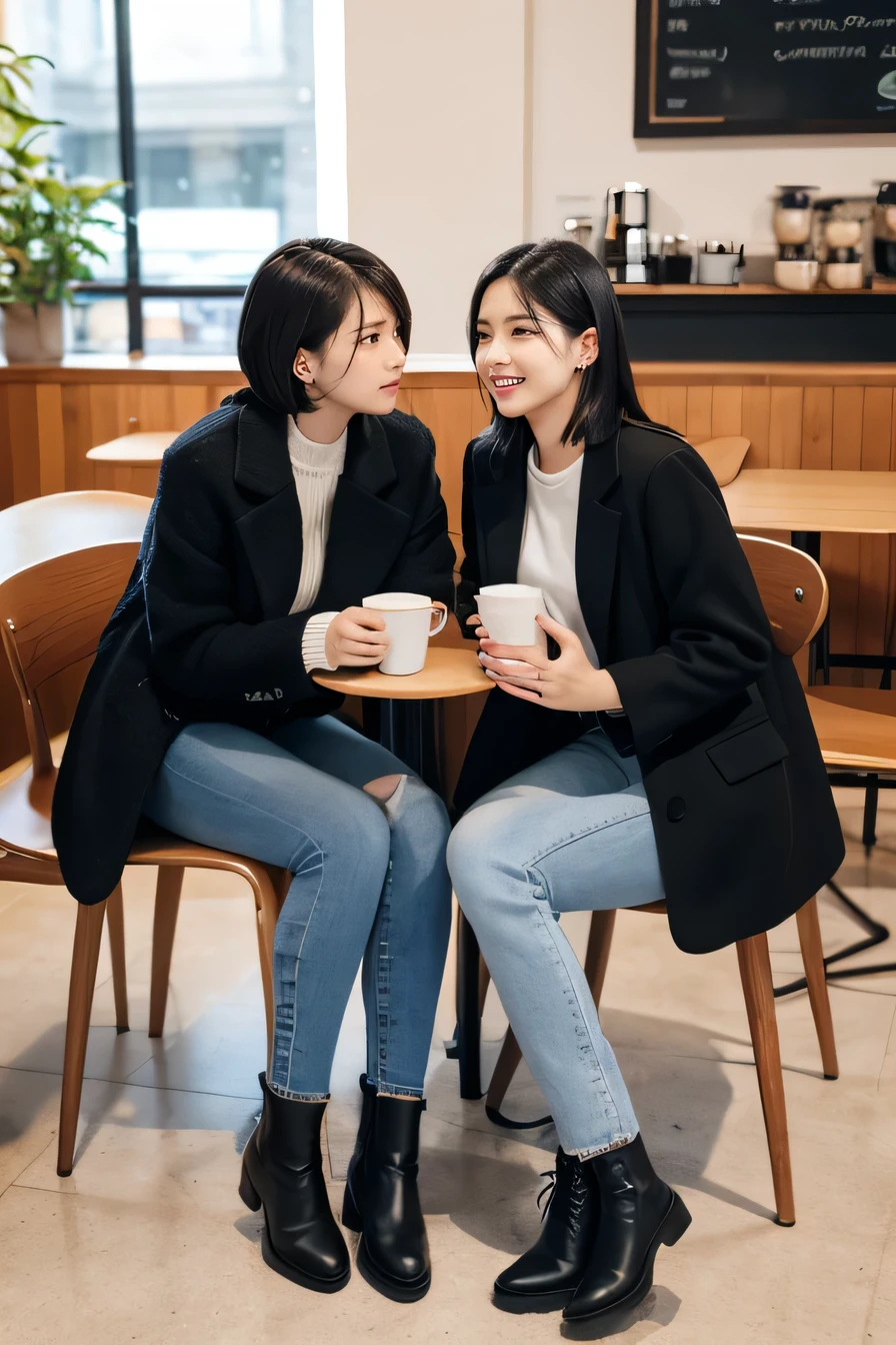 high quality,16K:1.1),(, Two women sitting on chairs in a coffee shop)sit facing each other across a desk、We are chatting、(Full Body Shot:1.2),Black Hair、Short Haircut、ear piercing、smile、Beautiful teeth alignment、((coat、sweater、Skinny jeans、、short boots)), ,(View your audience:1.3),Coffee shop in the background