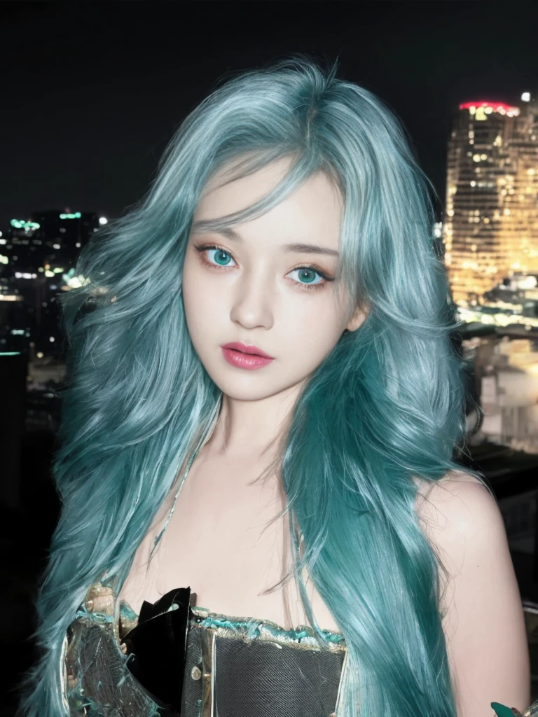 8K high quality,1 woman,Turquoise green hair:1.5