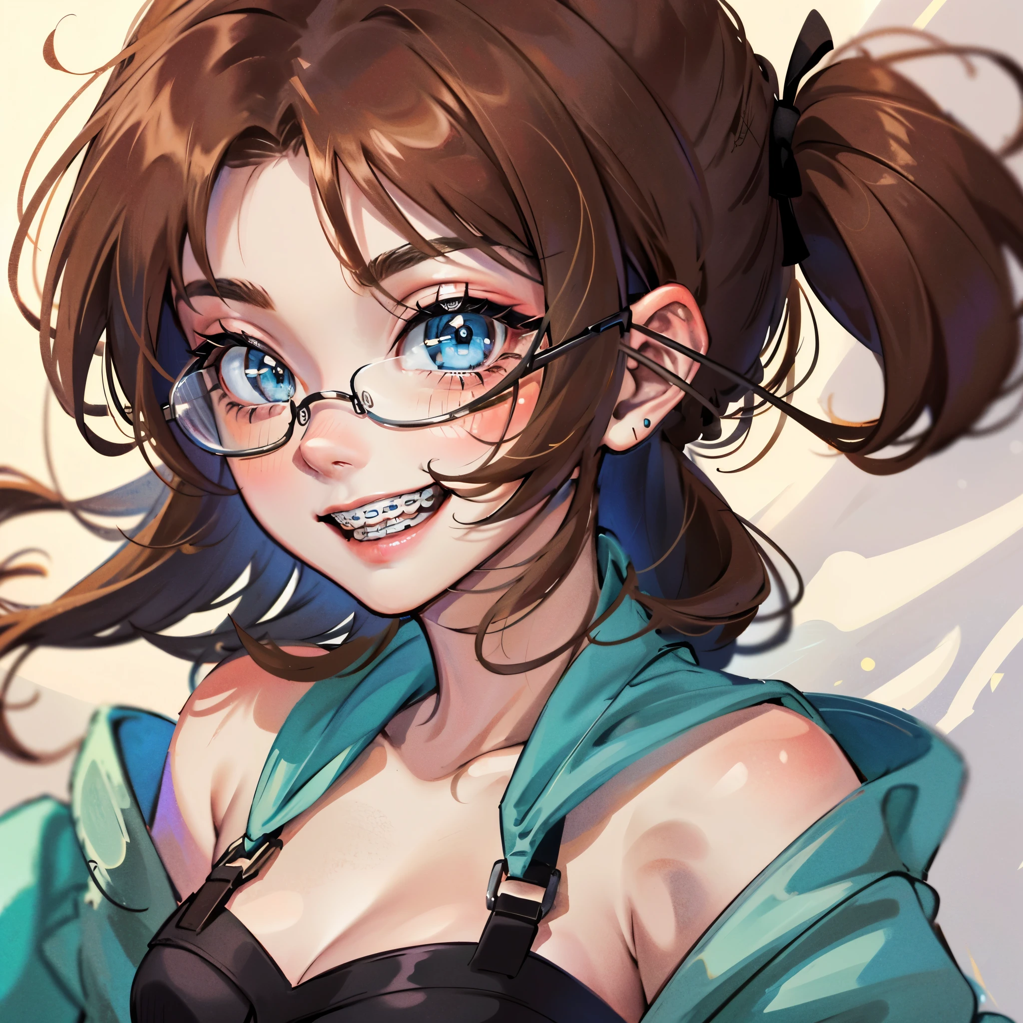 1girl, seductive eyes, braces, glasses, smiling, cute, face focus, blue eyes, blush, brown hair, best quality, masterpiece, highres