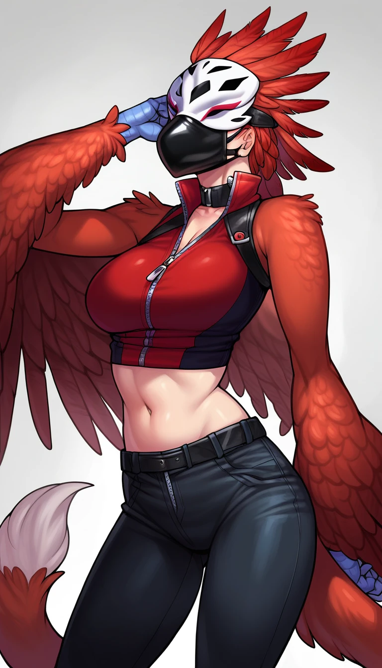 score_9_up, ((adult)), (griphon:1.2), (female, feathers, red feathers), with Center parted shoulder length hairstyle, (wearing half mask, covers the eyes), Top with a zipper, shows stomach, trousers, thigh visible, show legs, scene background