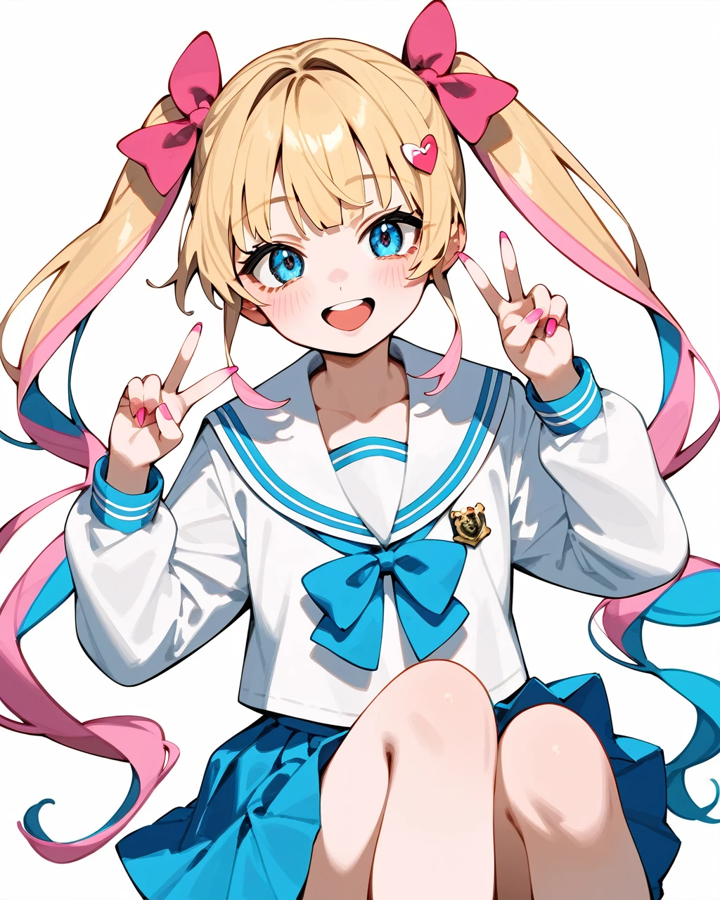 masterpiece,best quality,1girl,one_eye_closed,solo,blue_eyes,multicolored_hair,pink_hair,bow,blue_hair,smile,hair_bow,v,school_uniform,quad_tails,open_mouth,long_hair,blonde_hair,looking_at_viewer,blush,skirt,white_background,pink_nails,nail_polish,simple_background,sailor_collar,serafuku,multicolored_nails,bangs,