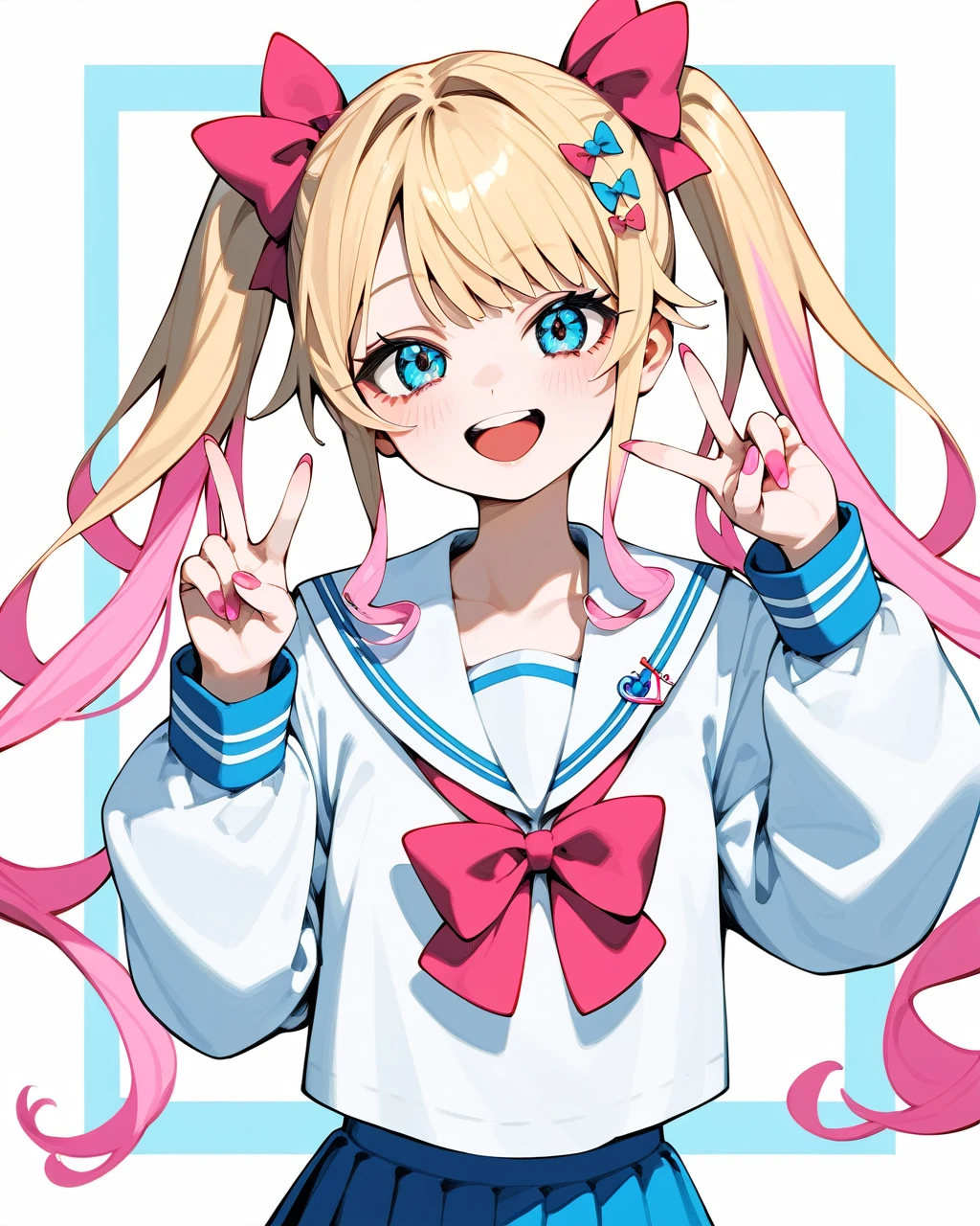 masterpiece,best quality,1girl,one_eye_closed,solo,blue_eyes,multicolored_hair,pink_hair,bow,blue_hair,smile,hair_bow,v,school_uniform,quad_tails,open_mouth,long_hair,blonde_hair,looking_at_viewer,blush,skirt,white_background,pink_nails,nail_polish,simple_background,sailor_collar,serafuku,multicolored_nails,bangs,