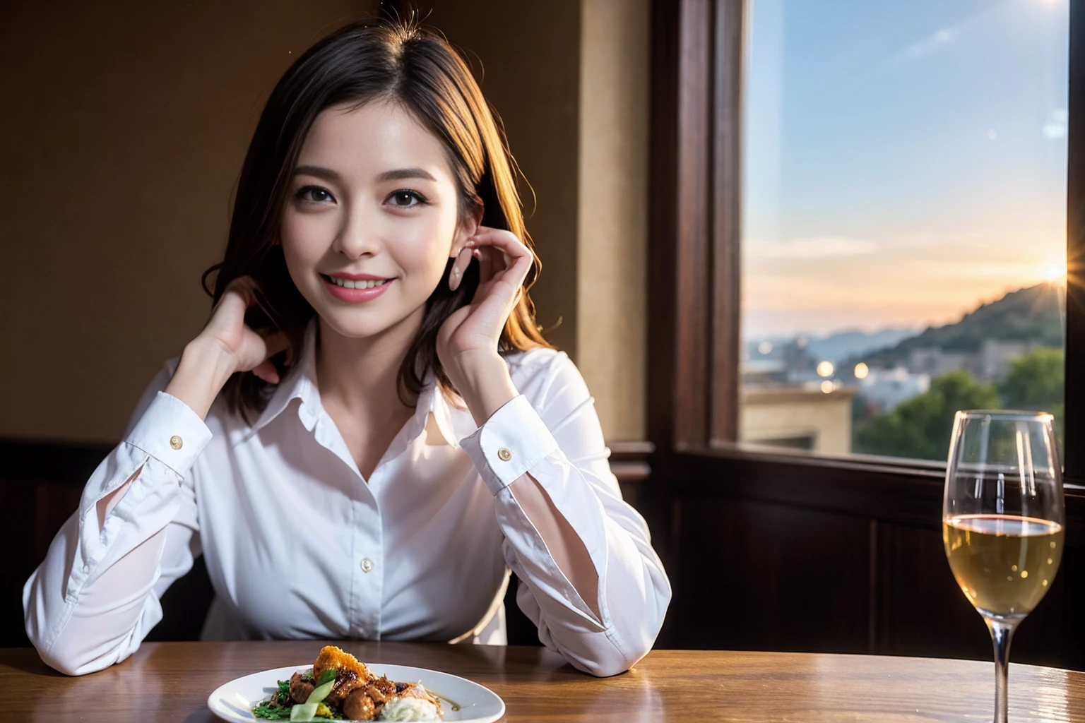 ((Highest quality、8K、masterpiece:1.3))、slimカップル、modelカップル、(Realistic, Intricate details:1.2), full-course dinner、Wine Party、Amazing view of the sunset sky and clouds、A bright smile、The wonderfulness of smile、Bright image、The beauty of wine, Beautiful Face, blue eyes, The light shines on your face, Blushing, short hair,Bright Face、 (Age 37), 39 years old, red wine 、Appetizers、Italian food、Wine bottle、Champagne、sparkling wine、Two beauties、Brown Hair、Shortcuts、Long sleeve shirt、dress、Beautiful woman 1, (slimな顔), (The body is slim), (Brown Hair), (Shortcuts), cheeks turn a little red,Attractive beauty、restaurant, In a prominent place (From the waist up) Nova Frog Style, actress, model, Upper Body, White wine, slim, wine glass, 中央に置かれたwine glass, smile, (smile: 1.15), Beautiful fine grain, Depth f/2,saturation, High Contrast, Strong light and shadow,Moist Body:1.5、3D texture、Delicate eyes、Brown Hair、The hair is very shiny、