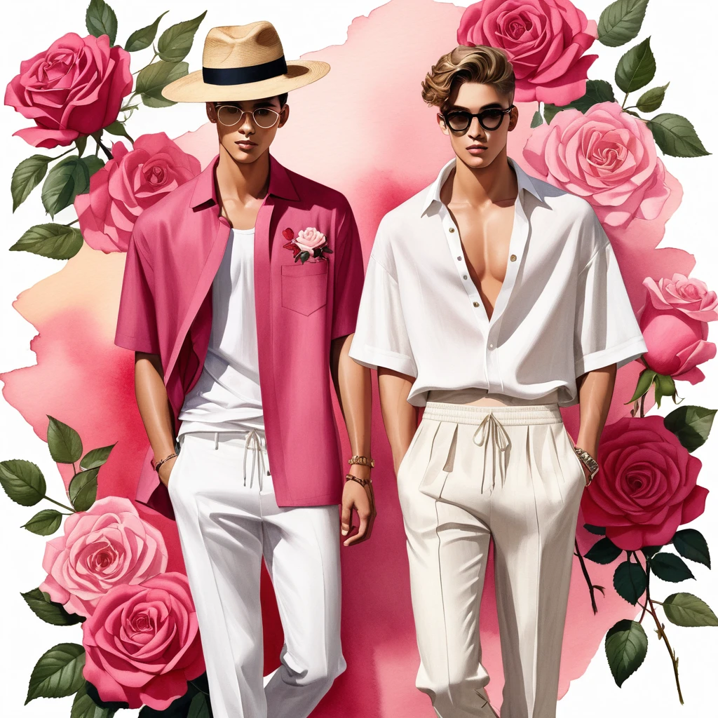 candid fashion illustration of young Mixed race 2man, both aged 18-23 year old, ((showcase fashion look book in linen outfits)), the design inspired of Gabriel Oak Rose by David Austin Rose, in elegant chic style. The man wears an oversized short-sleeved shirt with a minimal rose embroidery details, paired with relaxed-fit white Short with Drawstring, He completes his look with white sneakers and round glasses. The boyfriend complements him in a  skinny fitted speedo in a stripe pattern, semi bulge, He resemble includes an accessorizes with a brimmed straw hat and white sneakers, Captured in a low angle, ((full-body image)), ((roses motifs background)), fashion sketching, realistic drawing, ((imperfect water color drawing background)), fashion look book, fashion illustrator, fashion sketch design, gay, gay couple,  Gabriel Oak Rose, Deep pink, rich deep pink color. The flowers are large and full, with many petals, giving them a classic, old-fashioned rose appearance.