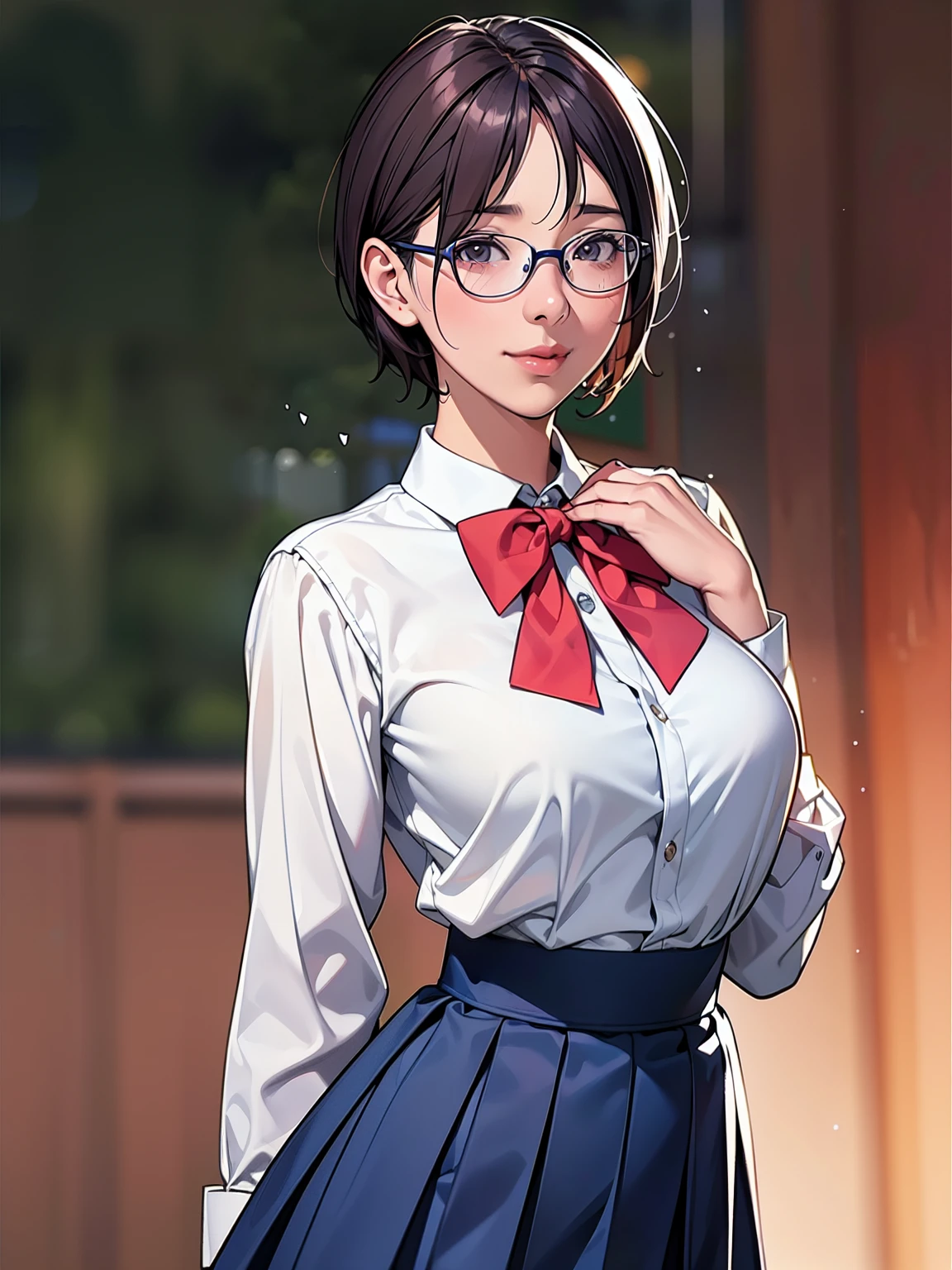 (Highest quality、masterpiece、、Highest quality、Hyperrealism、Ultra HD)、 (A high school girl wearing a white blouse and a navy blue skirt:1.2)、(Navy Pleated Skirt:1.1)、(Red bow tie on chest:1.1)、Perfect Style、Perfect body line、Accentuate your body lines、Large Breasts、Perfect beautiful anime style、Smooth anime CG art、Standing Elegantly、Radiant Skin、Light Skin、(Blurred background of a natural park:1.6)、Embarrassed expression、blush、smile、short hair、Glasses、(Face Focus:1.4)
