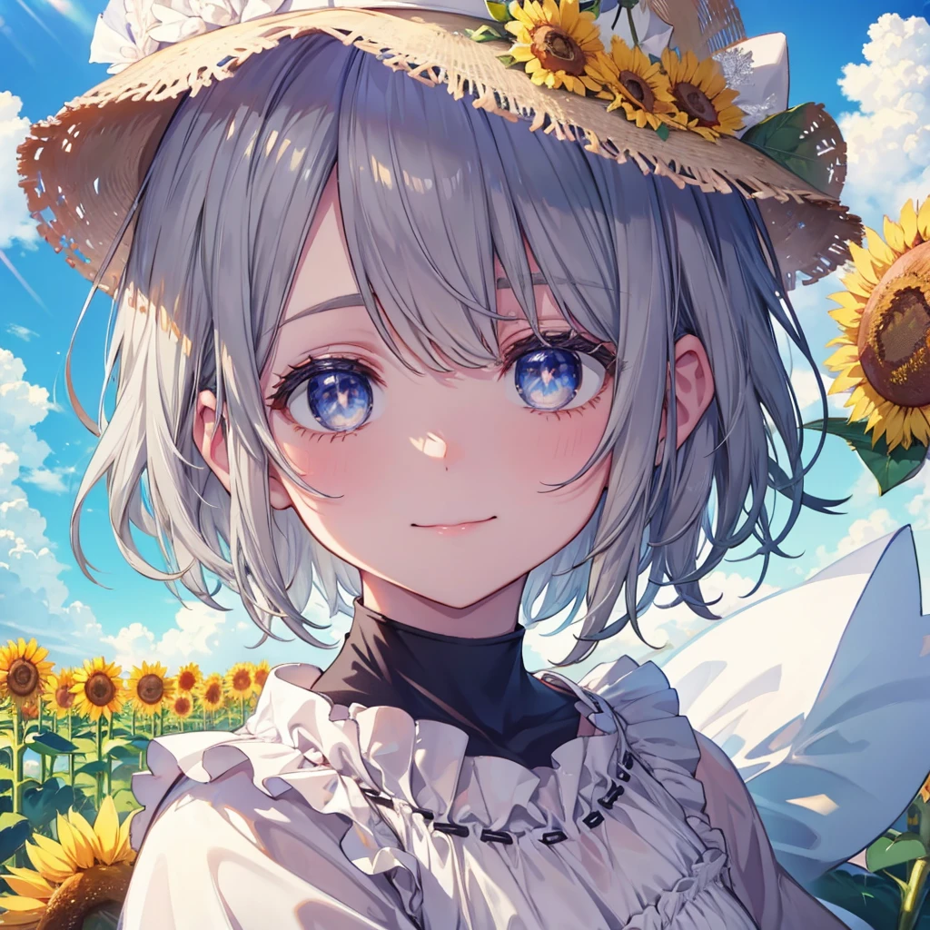 ((((Frilly clothes Sunflower field)))) (((Gray Hair short hair blue eyes woman Center close-up))),((sunlight sun cloud)),(Wearing a hat Beige clothes smile), Showing teeth Shining Background Shining Edges