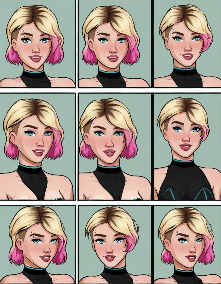 comic storyboard, (short hair Gwen Stacy:1.2), exuding elegance and confidence in (leather bodysuit and choker:1.1). Her flawless complexion and radiant smile captivate the viewer, embodying grace and style. The photo is set in her bedroom where she is (performing sexy poses:1.3). The composition is a high angle shot, showcasing the woman's fashionable ensemble and poised demeanor. Soft, natural lighting highlights her features with a subtle glow.