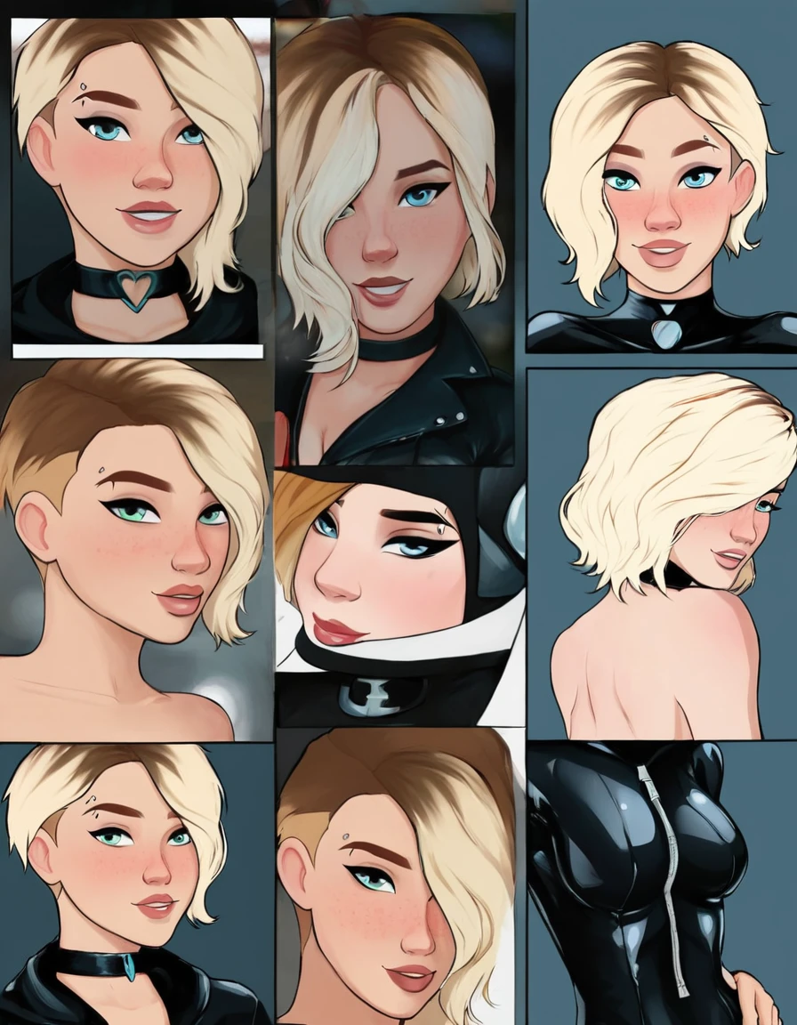 comic storyboard, (short hair Gwen Stacy:1.2), exuding elegance and confidence in (leather bodysuit and choker:1.1). Her flawless complexion and radiant smile captivate the viewer, embodying grace and style. The photo is set in her bedroom where she is (performing sexy poses:1.3). The composition is a high angle shot, showcasing the woman's fashionable ensemble and poised demeanor. Soft, natural lighting highlights her features with a subtle glow.