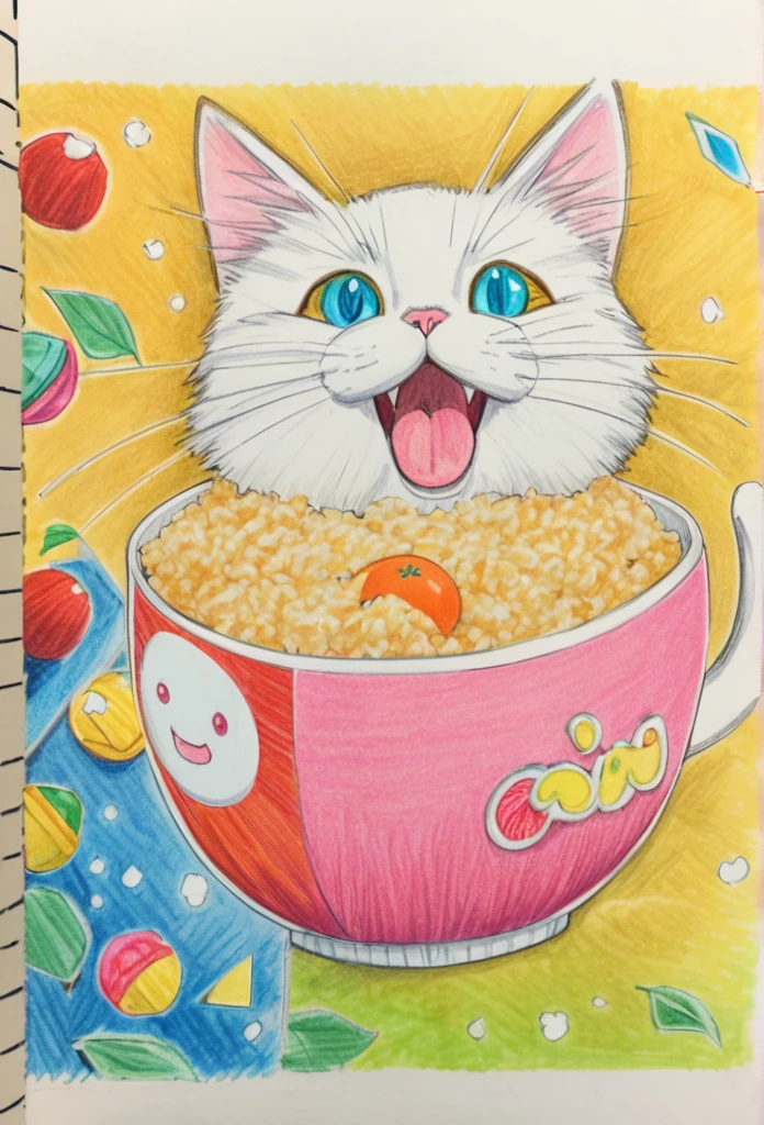 Cat eating rice ball 、art,advertisement,Colored pencil drawing,draft ,Comic Collage