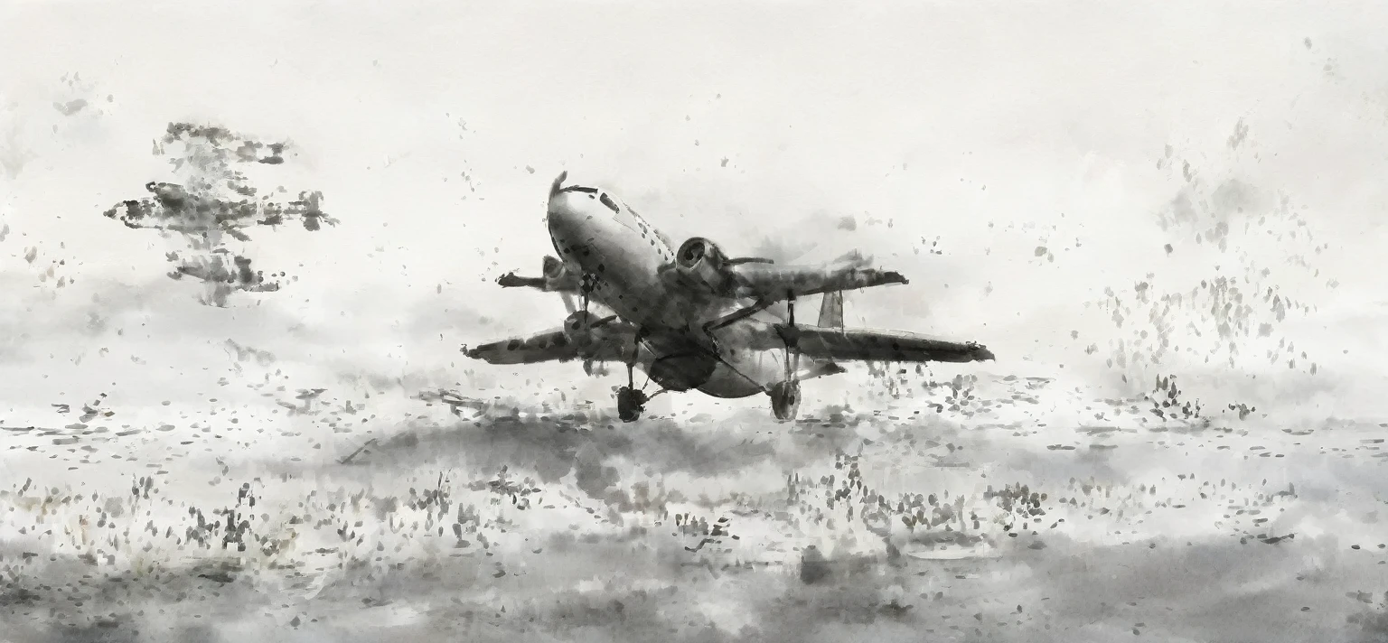 airplane，There is also a lot of white space，Traditional Chinese ink painting，Black and White，Simple style，Impressionist and surrealist styles，Complex details，8K，Ultra HD，-- -- - 16:9