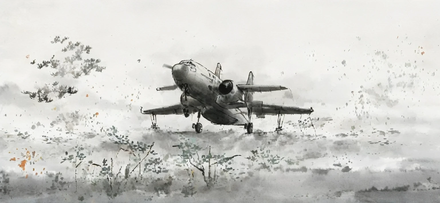 airplane，There is also a lot of white space，Traditional Chinese ink painting，Black and White，Simple style，Impressionist and surrealist styles，Complex details，8K，Ultra HD，-- -- - 16:9