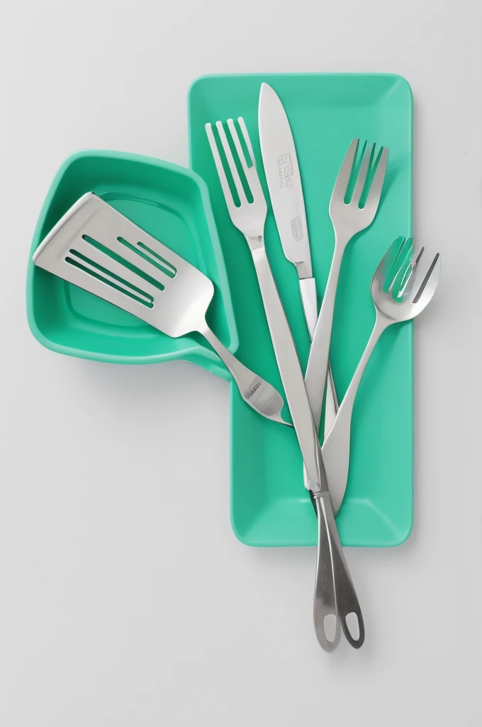 create an advertising image, for sale on the marketplace, 10 cooking items, frying spatula, Spatula, Corolla, Forceps, flat baking spoon, spatula with holes for draining oil, spaghetti spoon and slotted spoon, lying on the store window, white background with shades of green