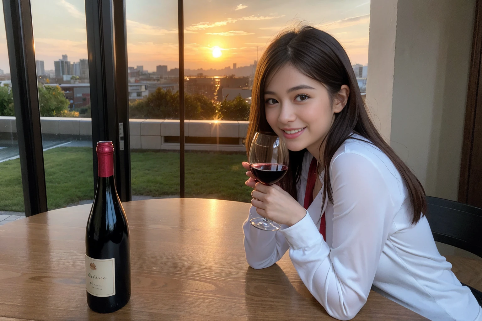 ((Highest quality、、masterpiece:1.3))、1 male、1 female、37 years old 39 years old、Slim Beauty、Beautiful couple、Upper Body、smile、 (Slim face), (the body is スリム), (Brown Hair), (Shortcuts), テーブルのフルコースディナーとwine glass、Amazing view of the sunset sky and clouds、smileの美しさ、Wine bottle、sparkling wine、Long sleeve shirt、dress、White wine, red wine, wine glass, Beautiful fine grain, Depth f/2,saturation, High Contrast, Strong light and shadow,Moist Body:1.5、3D texture、The hair is very shiny、