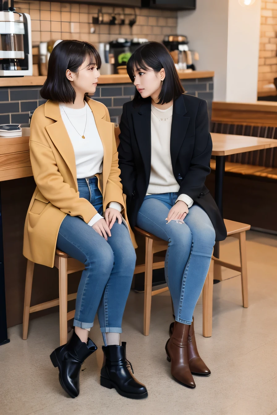 high quality,16K:1.1),(, Two women sitting on chairs in a coffee shop）sit facing each other across a desk、We are chatting、（Full Body Shot:1.2),Black Hair、Short Haircut、ear piercing、smile、Beautiful teeth alignment、((coat、sweater、Skinny jeans、、short boots)), ,(View your audience:1.3),Coffee shop in the background
