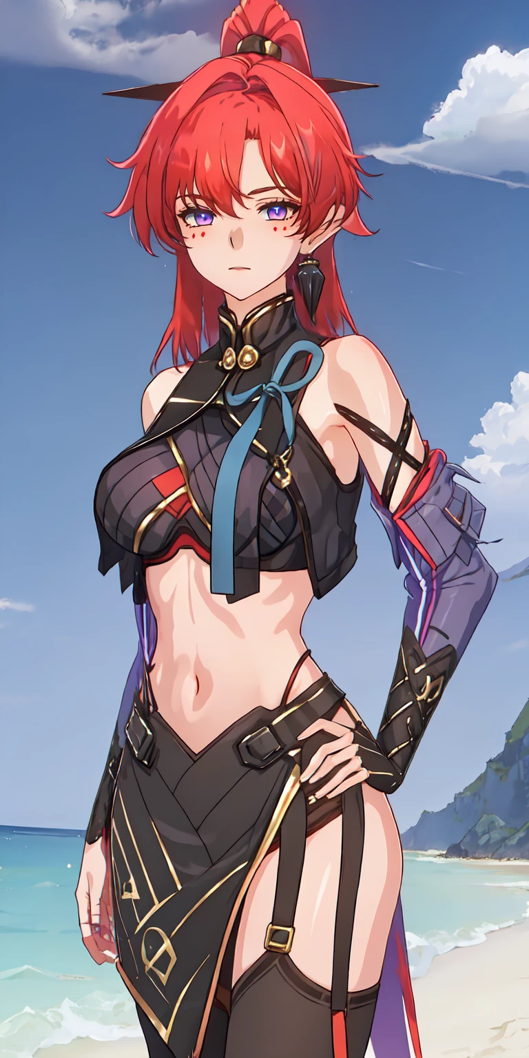 Anime girl, 3D art, standing (stand), 1 girl (solo), hourglass figure, looking at viewer, shy face, blush face, long hair, red hair, purple eyes, usual beach (clouds on the background), wearing a black lace bra, wearing a black lace lingerie, wearing a usual black tights, wearing a usual black garter belt, ultra resolution, high detailed, a Head with good anatomy, a body with good anatomy, a hands with good anatomy, a legs with good anatomy, well drawn navel, open navel (visible navel), full body view, visible legs, big size chest (big size boobs),