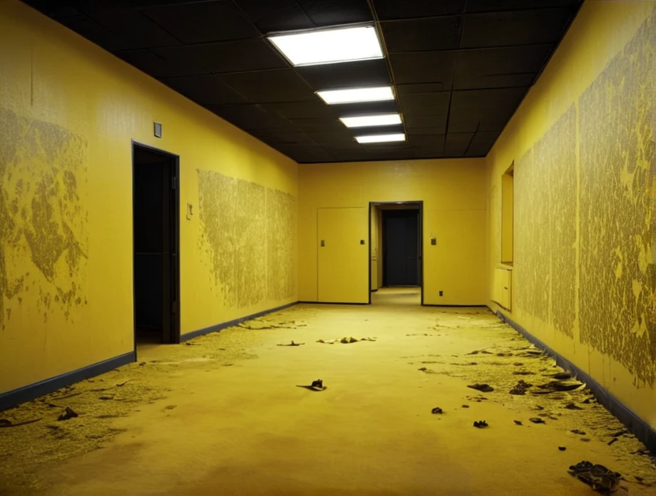 realistic,  dark, (art by Mathias Goeritz:1.5), real, atmospheric scene, analog film photo, grim, yellow palette,  found footage, LiminalSpace of Empty room with yellow walls and yellow carpets, yellow walls and wallpaper with pale yellow carpet on floor and flat square fluorescent lamps on the ceiling,