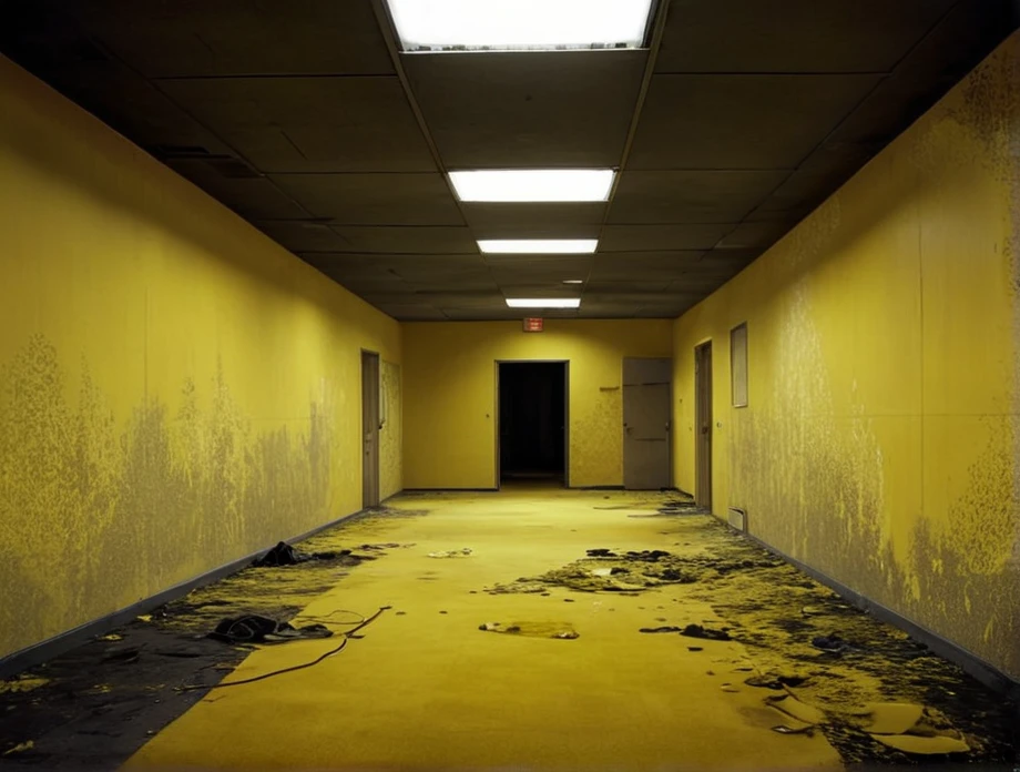 realistic,  dark, (art by Mathias Goeritz:1.5), real, atmospheric scene, analog film photo, grim, yellow palette,  found footage, LiminalSpace of Empty room with yellow walls and yellow carpets, yellow walls and wallpaper with pale yellow carpet on floor and flat square fluorescent lamps on the ceiling,