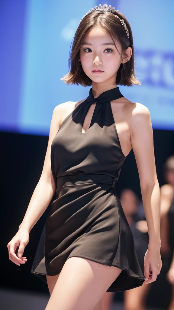 A girl walking down the runway at a fashion show, Skin-colored dress, thigh, (High resolution:1.3), (16K, Realistic, RAW Photos, Best image quality: 1.4), (One Girl), Beautiful Face, (A vivid face), Beautiful hairstyle, Realistic eyes, Beautiful and exquisite, (Realistic Skin), Beautiful skins, charm, 超High resolution, High detail, Highly detailed cute girl,(18-year-old), loose front of neck