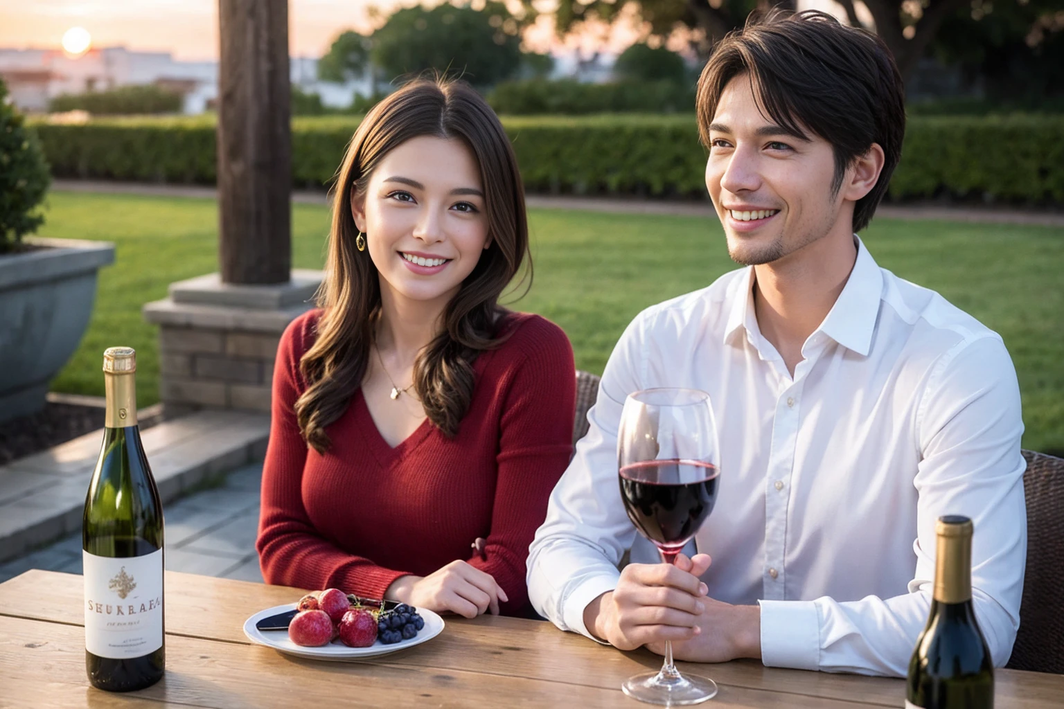 ((Highest quality、、masterpiece:1.3))、1 male、1 female、37 years old 39 years old、Slim Beauty、Beautiful couple、Upper Body、smile、 (Slim face), (the body is スリム), (Brown Hair), (Shortcuts), テーブルのフルコースディナーとwine glass、Amazing view of the sunset sky and clouds、smileの美しさ、Wine bottle、sparkling wine、Long sleeve shirt、dress、White wine, red wine, wine glass, Beautiful fine grain, Depth f/2,saturation, High Contrast, Strong light and shadow,Moist Body:1.5、3D texture、The hair is very shiny、