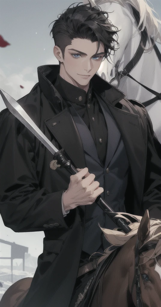  Masterpiece, Highest quality, war, cold weather, realistic, 1 person, mature man, A quiet and charming young man., 30 years old, ride a horse, Portrait, Highly detailed face, cool and smile, ((blue eyes)), ((black short hair)), [Thick eyebrows], holding a crescent repeater,Lipo, ((black long coat)), ((all black)), (blue eyes) ,Short Black Quiff Hair with Soft Fringe, handsome , muscle, Facial expressions, Black Knight Armor , black wool shawl(Masterpiece,best quality,special, (Broad shoulders)) (muscle), focus man,ride a horse,holding a halberd to pierce the sky, His black spear rose.., . Describe the man.&#39;Appearance., Details of his sword, Characteristics and characteristics of monsters, and convey the tension and power of the encounter..."