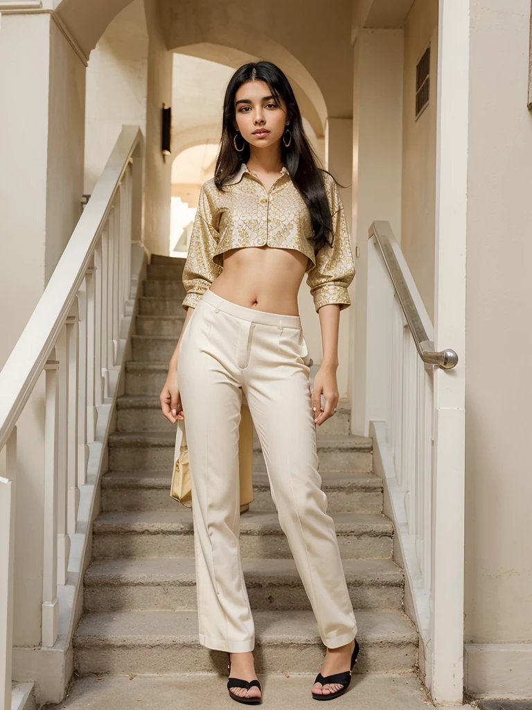 A photoreal portrait of a slim and smart 15-year-old girl from, with white color skin and blushing black hair. She stands gracefully beside a staircase, wearing a fashionable suit from Junaid Jamshad collection in a bright and charming color. The model should have an elegant pose, with emphasis on her fancy earrings and stylish slippers. The image should capture her enthusiasm and approachable expression, in high detail, with soft, golden-hour sunlight illuminating her. the clothes color must be bright 