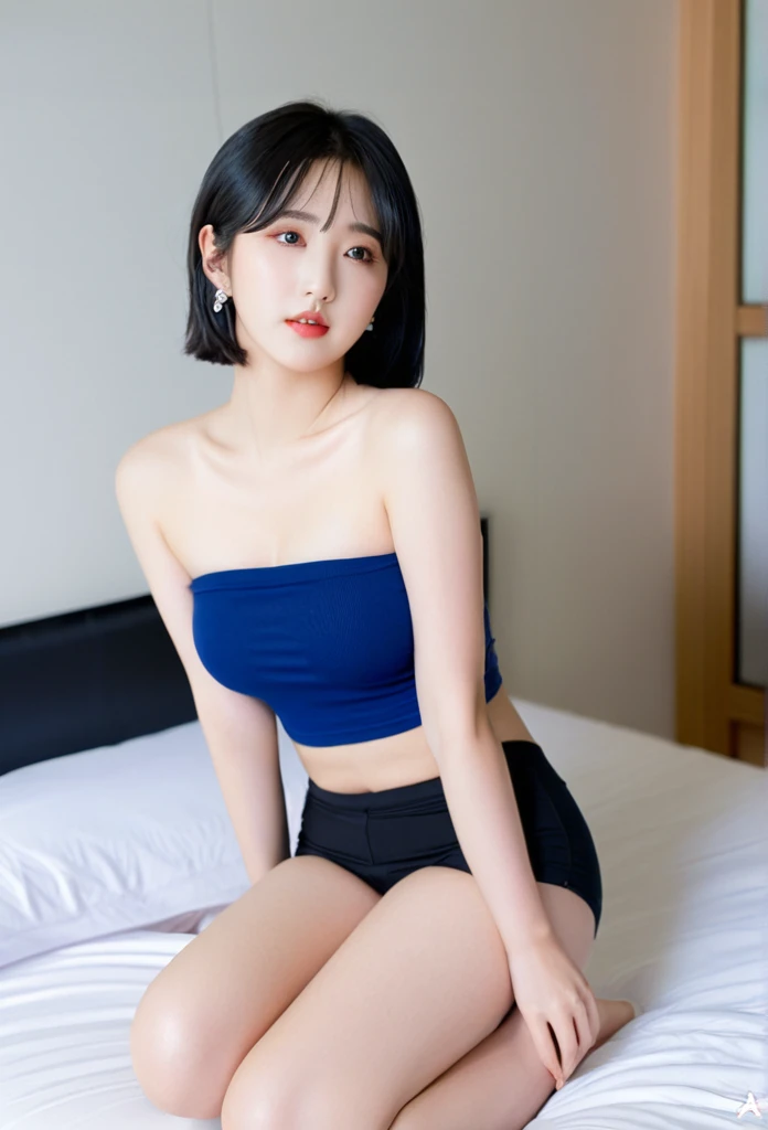 close-up of beautiful South Korean, Eunha is a VIVIZ South Korean pop girl group, age 27 years old girl, youthful face, perfect body, white body skin, very rapunzel long hair, standard black hair, straight hair, 32 inches breasts size, wearing a plain standard dark blue strapless tube top, wearing a tight plain dark black mini short leggings, Eunha's clothes were cut off by my boyfriend using scissors from the t-shirt to the tube top to make Eunha sigh and tease, strand by strand Eunha's clothes fell because they had been cut, the rest of Eunha's clothes were scattered at the bottom because they had been cut, Eunha's clothes showed off her breasts because they were cut off by my boyfriend so that they looked more sexy and seductive, sexy looking pose, pose a naughty look, pose looks seductive, at the boyfriend bedroom, boyfriend bedroom background, UHD