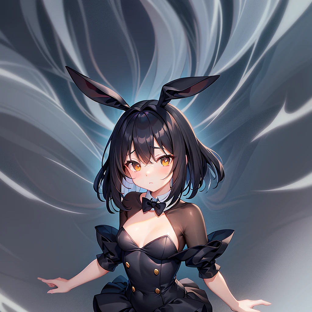((Bunny girl)),Cute little ,Tiny ,Small girl,,Childish face, Very fine clean face,Top quality,Straight Hair,Black hair,(Dark Room), Subtle light, Natural light,Soft lighting,Light from directly behind,(Open your hands), (Are standing),Front view,Black background